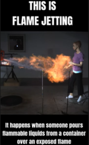 Alcohol-fueled fire pit erupts in jet of flame during refilling, resulting in serious burn injuries at patio table