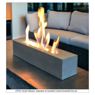 Recalled Large Rectangular Colsen tabletop fire pit shown as example of unsafe ethanol-fueled design causing burn injuries